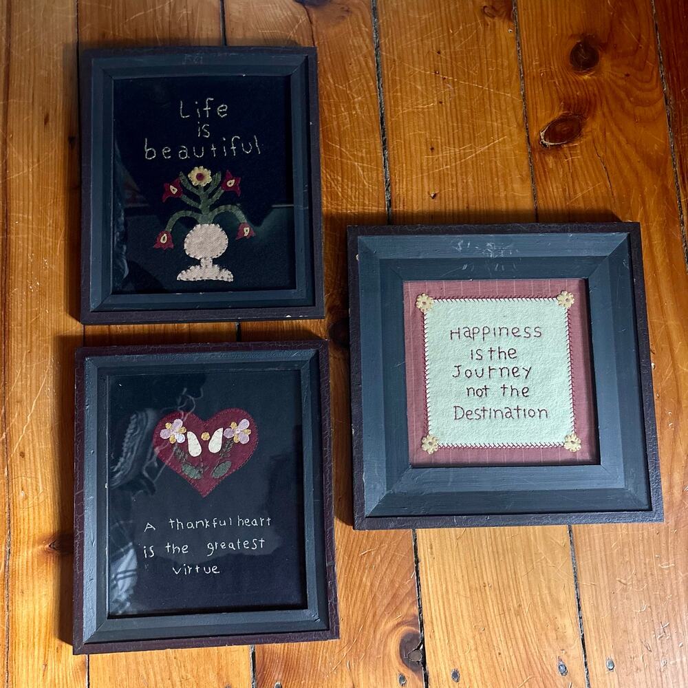 Set of 3 Vintage Needlework Hand Stitched Samplers on Black Felt Framed